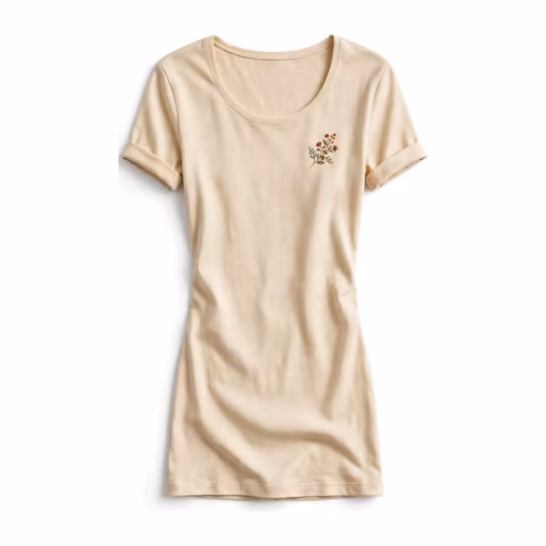 Ladies fashion design t-shirt in warm cream cotton jersey, full front view with scoop neck, rolled sleeves and a small embroidered floral sprig on the left chest