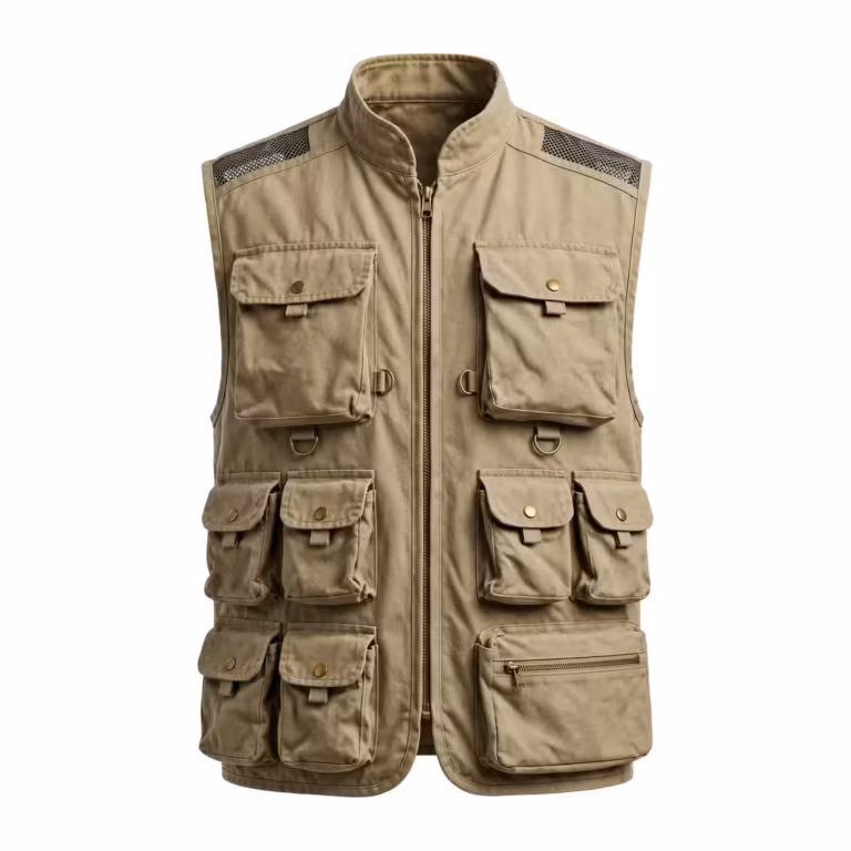 Fishing vest in stone cotton canvas, full front view with zip front, fly-box chest pockets, bellows pockets and D-rings