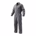Men's one-piece flame resistant coverall in stone grey FR cotton twill, three-quarter ghost form angle showing the concealed stud flap in profile, chest pocket with flap, elastic side waist and leg rule pocket
