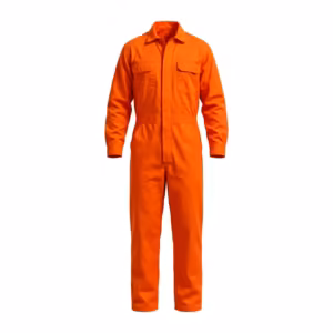 Men's one-piece flame resistant coverall in safety orange FR cotton twill, full front view with shirt collar, concealed press-stud front under a cloth flap, two chest pockets with flaps and elastic side waist sections