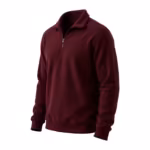 Men's quarter-zip fleece pullover in burgundy polar fleece, three-quarter view showing the stand collar, part-open quarter zip, ribbed cuffs and bottom band