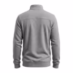 Men's fleece pullover in grey marl, back view with a shoulder yoke seam, stand collar seen from behind, ribbed cuffs and a ribbed bottom band