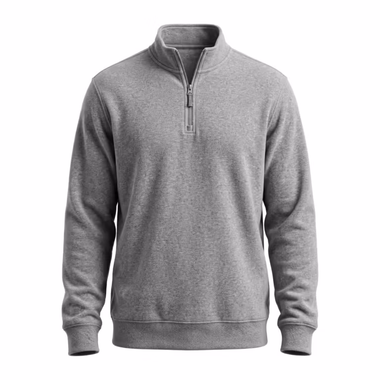 Men's quarter-zip fleece pullover in grey marl anti-pill microfleece, full front view with a stand collar, metal quarter zip, ribbed cuffs and a ribbed bottom band