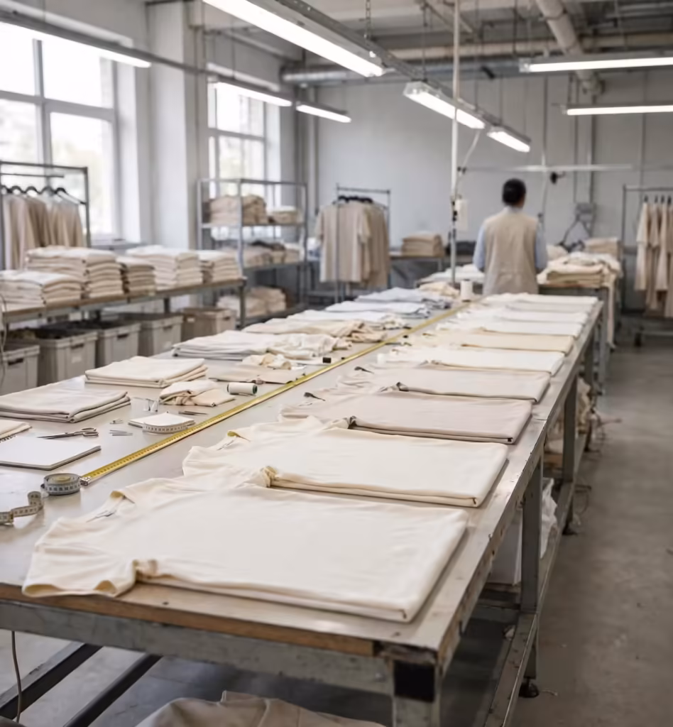 Finished garments laid out on the final inspection table