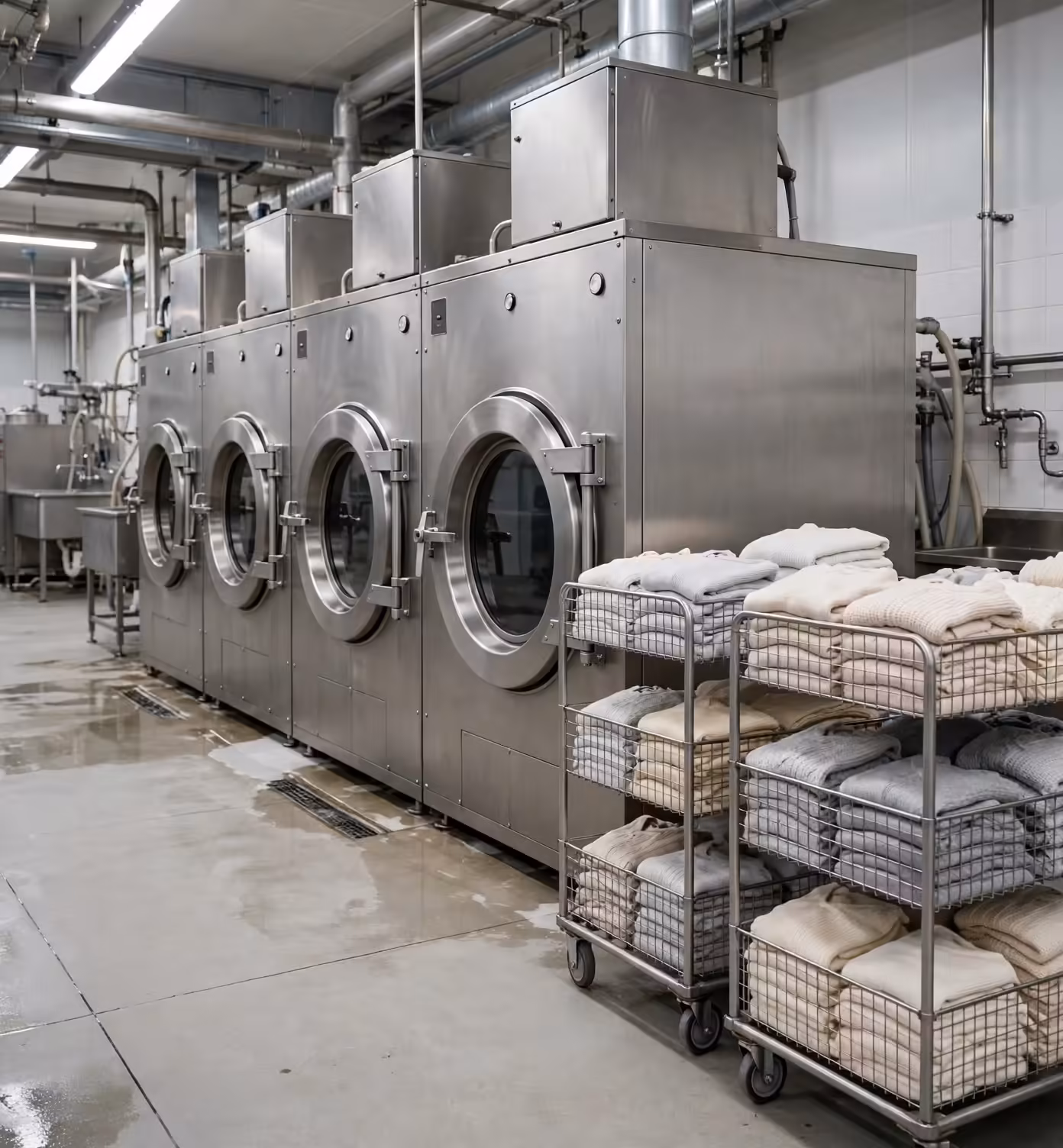 Garment washing plant with industrial washing machines and folded knitwear