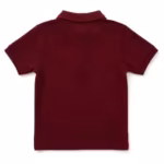 Back view of the burgundy girls' polo shirt with plain back panel, the collar seen from behind and a flat stitched hem