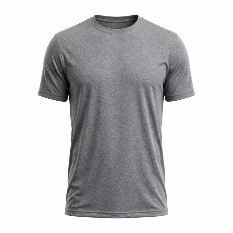 Men's gym training t-shirt in grey marl performance knit, full front view with crew neck, short sleeves and a straight stitched hem