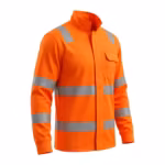 Men's high visibility jacket in fluorescent orange, three-quarter angle showing the stand collar, storm flap, chest pocket and silver reflective tape bands