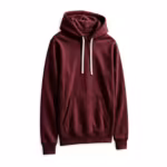 Men's pullover hoodie in burgundy brushed fleece, three-quarter angle view with a two-panel drawcord hood, white flat drawcords, a kangaroo pocket with ribbed side gussets, ribbed cuffs and a ribbed hem band