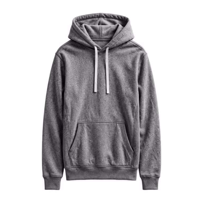 Men's pullover hoodie in grey marl brushed fleece, full front view with a two-panel drawcord hood, white flat drawcords, a kangaroo pocket with ribbed side gussets, ribbed cuffs and a ribbed hem band