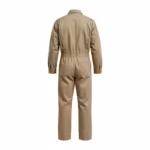 Men's one-piece industrial coverall boiler suit in khaki cotton poly-cotton twill, back view with bi-swing action pleats at the shoulders, a wide elasticated back waistband and one back pocket