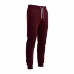 Men's cuffed jogger pants in burgundy brushed fleece, three-quarter front view with a drawstring waist, slanted side pocket, tapered legs and ribbed ankle cuffs