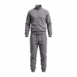 Men's two-piece jogging suit in grey marl brushed fleece, full front view of the matched set: a zip-up jacket with a ribbed stand collar, ribbed cuffs and a ribbed hem band, worn with jogger pants with an elastic drawcord waistband, side pockets and ribbed ankle cuffs