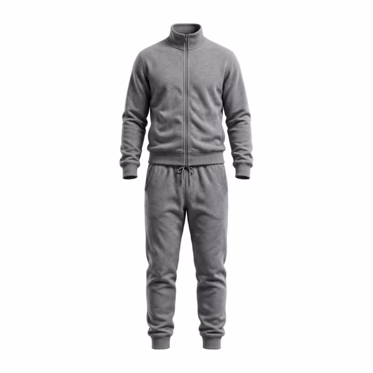 Men's two-piece jogging suit in grey marl brushed fleece, full front view of the matched set: a zip-up jacket with a ribbed stand collar, ribbed cuffs and a ribbed hem band, worn with jogger pants with an elastic drawcord waistband, side pockets and ribbed ankle cuffs