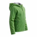 Kids softshell jacket in green bonded cloth, three-quarter angle view showing the front zip, zip pocket and fleece-lined hood