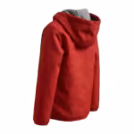 Back view of the kids softshell jacket in red, rear three-quarter view with the hood down and grey brushed fleece showing at the neck