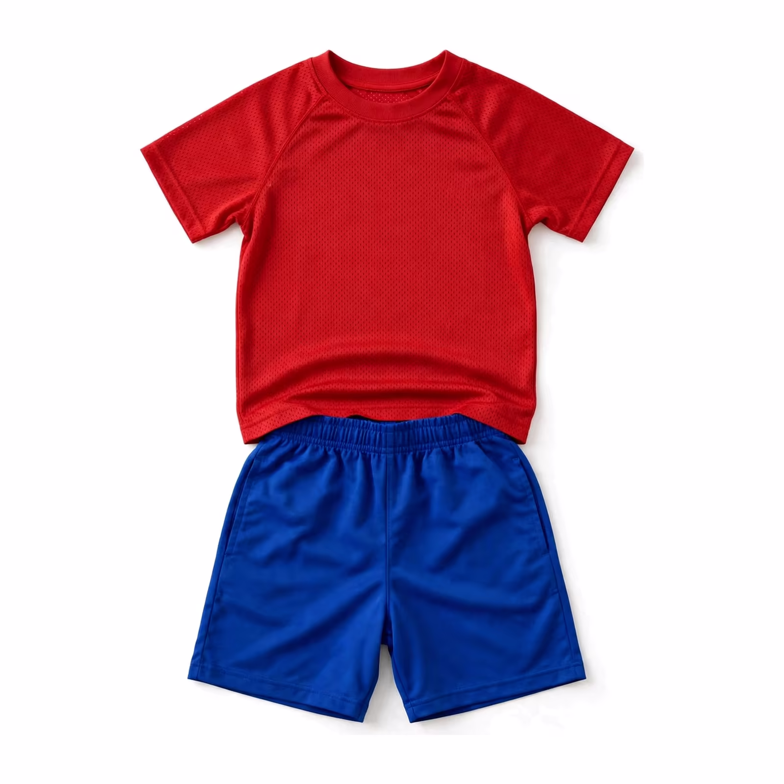 Kids two-piece sportswear set with a bright red breathable mesh jersey top and royal blue sports shorts with an elastic waistband, full front view