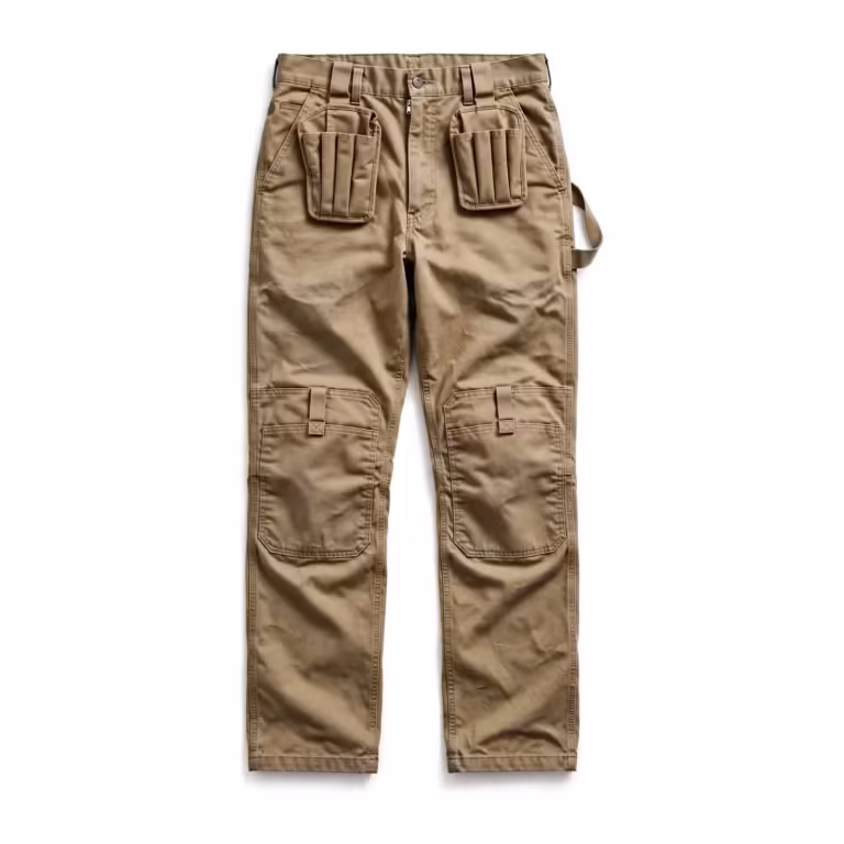 Men's kneepad work trousers in khaki poly-cotton twill, full front view with top-loading knee pad pockets, floating holster pockets with tool slots, slanted front pockets and a hammer loop