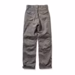 Men's kneepad work trousers in stone grey poly-cotton twill, back view with yoke, two buttoned flap back pockets, wide belt loops and the back of the knee panels