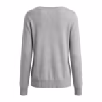 Ladies light grey marl knitted cardigan back view with a low straight back neckline band, plain back panel, ribbed cuffs and ribbed hem