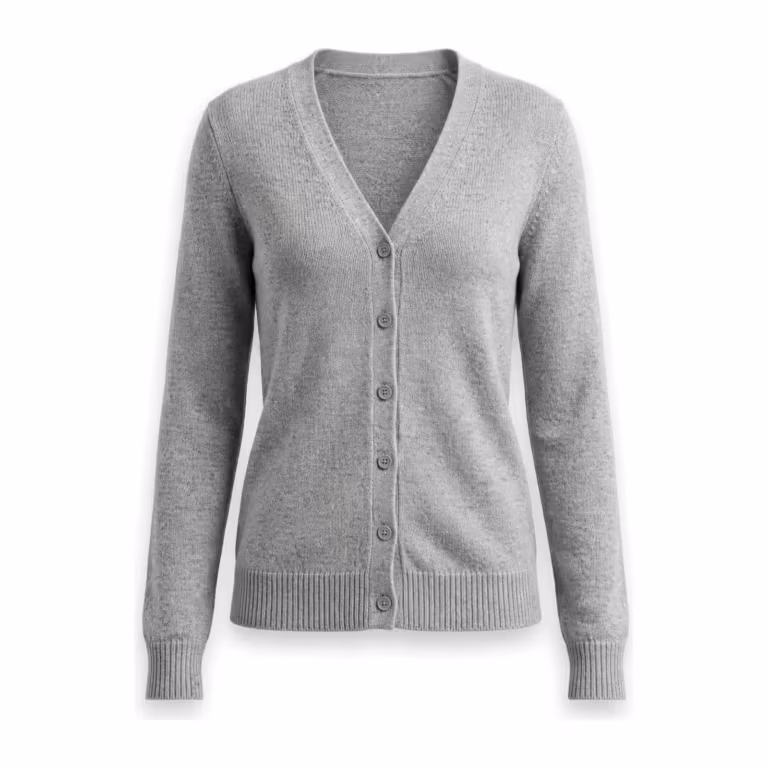 Ladies knitted cardigan in light grey marl fine-gauge knit, full front view with a V neckline, button placket, ribbed cuffs and ribbed hem