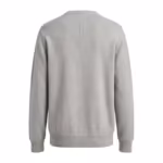 Men's knitted jumper in light grey marl, back view with a plain back panel, a low straight back neckline band, ribbed cuffs and a ribbed hem