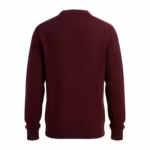 Men's knitted pullover in burgundy, back view with a shoulder yoke seam, crew neckband seen from behind, set-in sleeves, ribbed cuffs and a ribbed hem