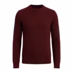 Men's knitted crew neck pullover in burgundy, full front view with a ribbed neckband, set-in sleeves, ribbed cuffs and a ribbed hem knitted into the garment
