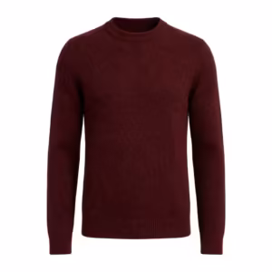 Men's knitted crew neck pullover in burgundy, full front view with a ribbed neckband, set-in sleeves, ribbed cuffs and a ribbed hem knitted into the garment