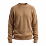 Camel knitted crew-neck sweater, full front view with a ribbed neckline, ribbed cuffs and ribbed hem, from the coordinated knitwear range
