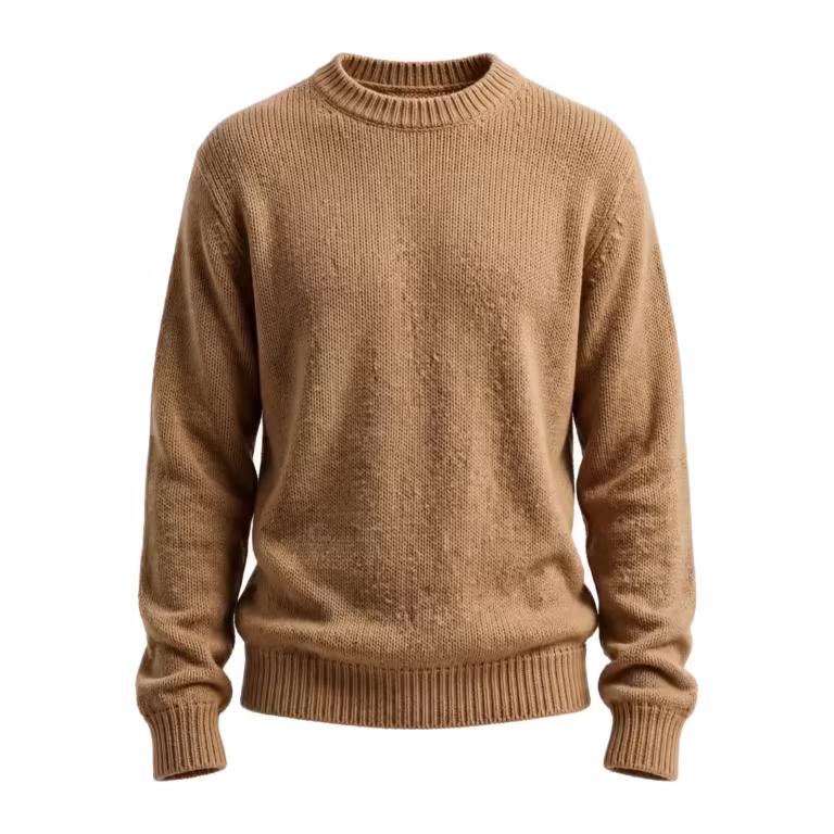 Camel knitted crew-neck sweater, full front view with a ribbed neckline, ribbed cuffs and ribbed hem, from the coordinated knitwear range