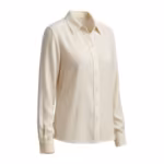 Ladies blouse in ivory woven rayon, three-quarter angle showing the shirt collar, button placket and long button-cuff sleeves