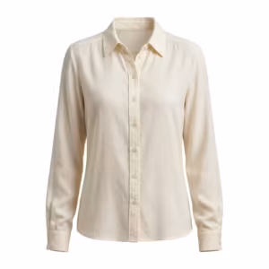 Ladies blouse in ivory woven rayon, full front view with shirt collar, button placket and long button-cuff sleeves