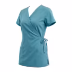 Teal ladies cross over scrub top in poly-cotton poplin, three-quarter angle view showing the depth of the wrap front, the side tie, patch pockets and a side vent