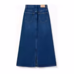 Ladies' A-line midi denim skirt back view in mid indigo wash with shaped back yoke, two patch pockets, plain back waistband patch and centre back walking slit