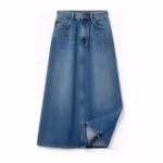 Ladies' A-line midi denim skirt in stonewash, angled view with one hem corner folded up to show the inside of the denim and the stitched hem finish