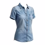 Ladies denim top in light wash, three-quarter angle showing the shirt collar, button placket, chest pocket and short sleeves with turn-back cuffs