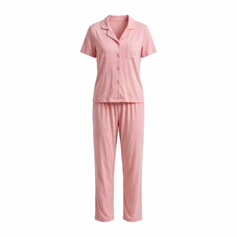 Ladies pyjama set in soft pink cotton single jersey, full front view with a short-sleeve button-front top, notched camp collar, one chest patch pocket and matching full-length pants with an elastic waistband