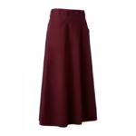 Ladies' A-line midi skirt in burgundy cotton twill, three-quarter angle view with button waistband, belt loops and slanted side pockets