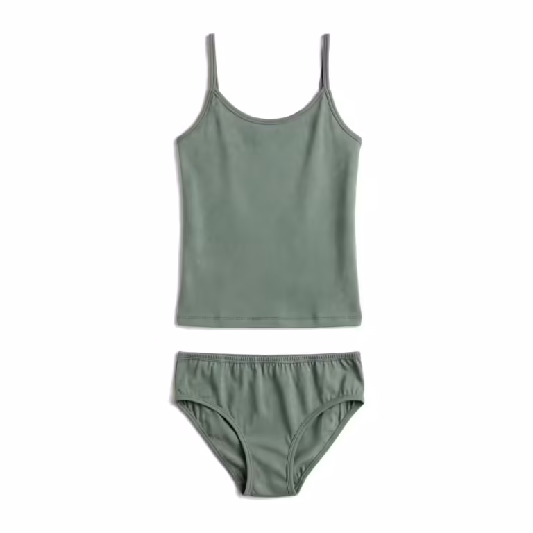 Ladies underwear set in sage green cotton jersey, camisole top and matching bikini brief laid flat as one outfit, full front view with covered elastic edges