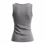 Ladies grey marl vest top back view with a shallow bound back neckline and a plain back panel