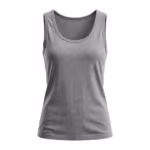 Ladies vest top in grey marl cotton single jersey, full front view with a scoop neckline, bound armholes and a straight twin-needle hem