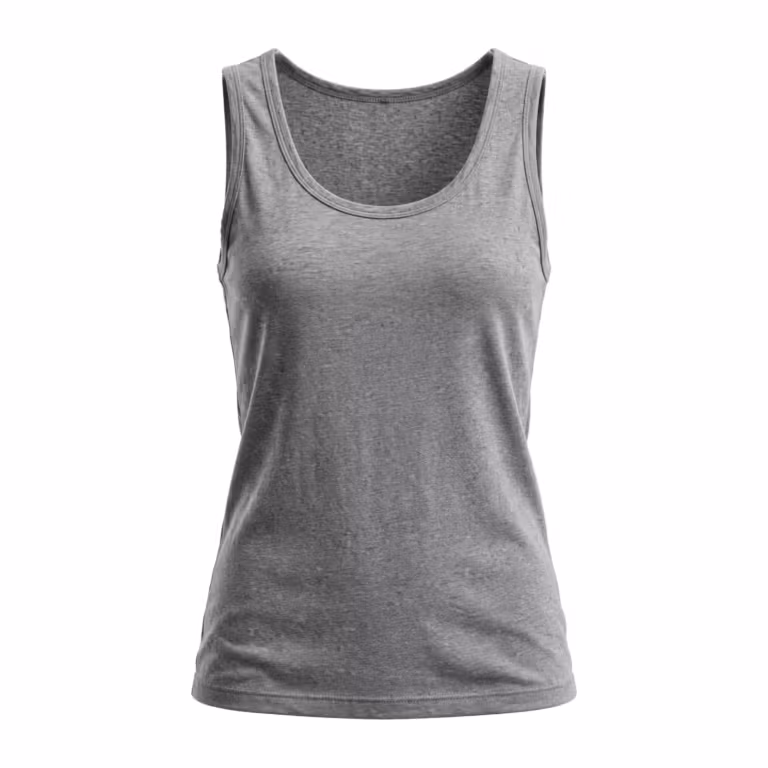 Ladies vest top in grey marl cotton single jersey, full front view with a scoop neckline, bound armholes and a straight twin-needle hem