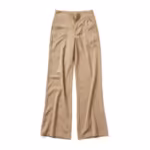 Ladies wide leg trousers in stone beige polyester crepe, full front view with flat waistband, zip fly, slanted side pockets and wide flowing legs