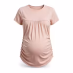 Ladies maternity t-shirt in soft pink cotton jersey, full front view with ribbed crew neck, empire seam under the bust, gathered front panel and ruched side seams over the bump