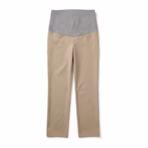 Women's maternity trousers in stone ponte, full front view with a wide grey marl jersey over-bump panel sewn into the front rise and straight full-length legs