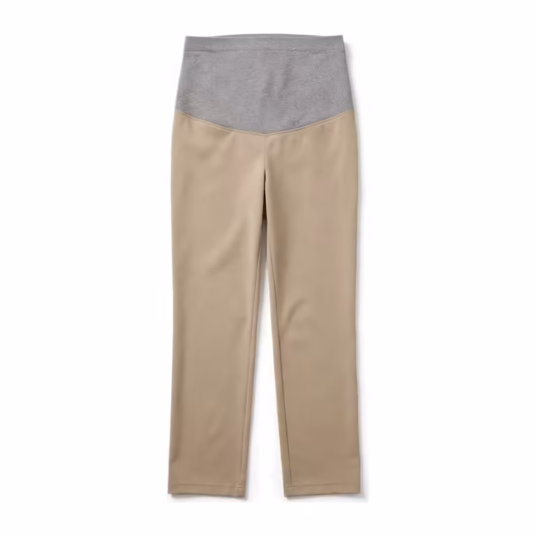 Women's maternity trousers in stone ponte, full front view with a wide grey marl jersey over-bump panel sewn into the front rise and straight full-length legs