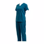 Teal scrub set in poly-cotton twill, V-neck top over drawstring trousers, three-quarter angle view of the full outfit
