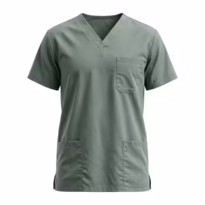 Sage green unisex medical scrub top in poly-cotton twill, full front view with a V-neck, short set-in sleeves, one chest pocket, two lower patch pockets and side vents at the hem