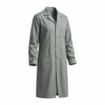 Sage green knee-length lab coat in poly-cotton poplin, three-quarter angle view with notched collar, button front, chest pocket and two lower patch pockets - the same lab coat as the featured front view